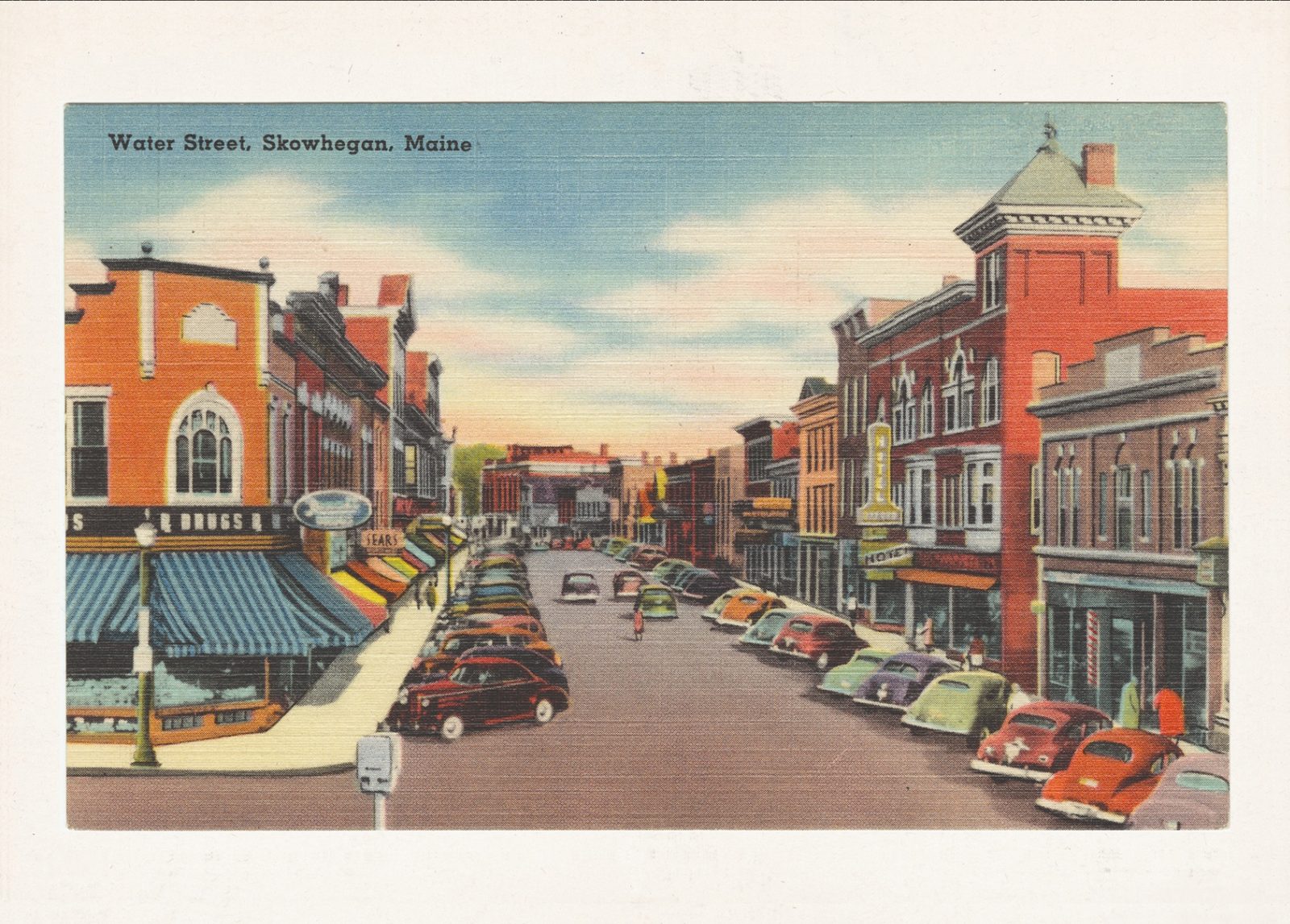 Vintage postcard of Water Street, Skowhegan, Maine